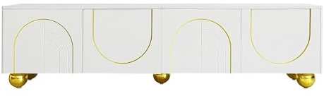 ChouTangYu Mobile TV lowboard con ante strutturate, decorazioni dorate, gambe rotonde dorate, ripiani inclusi, push-to-open (bianco+oro)