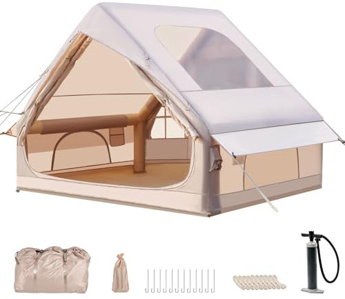 Aufblasbares Campingzelt für 2-8 Personen - 4-Jahreszeiten-Zelt aus wasserdichtem Oxford-Gewebe mit Luftpumpe, schnell aufbaubarer Unterschlupf (Großen Dachfenster, 2-4 Pers/210cm x 300cm x 200cm)