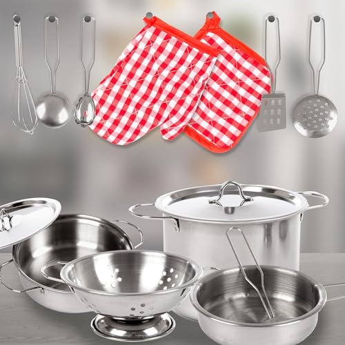Kindertopfset aus Edelstahl – 12-teiliges Küchen-Spielzeug mit Töpfen, Pfanne, Sieb & Textilzubehör – Für Spielküche & Matschküche – Mit Trage-Rucksack – Ab 3 Jahren