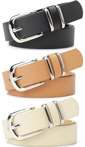 Hoocl 3 Stück Damen Leder Gürtel, Ledergürtel Taillengürtel mit Silberschnalle, Schmaler 2.8cm Damengürtel Leder für Jeans Hosen Kleider (Schwarz/Braun/Beige)