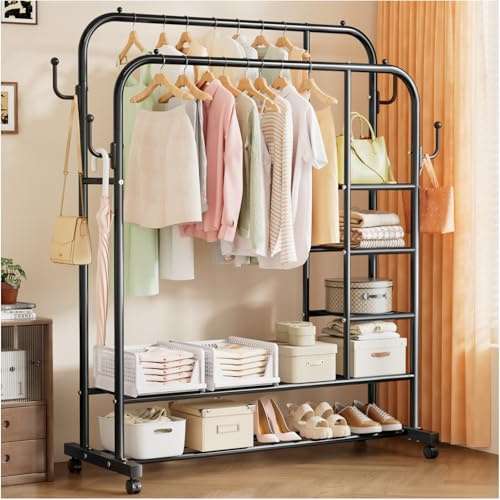 SavvyStor Upgraded Clothes Rail with Wheels,150KG Metal Heavy Duty Clothes Rack With Double Hanging Clothing Rail, Shoe Rack, 4 Coat Hooks, Open Wardrobe Clothes Rails for Bedroom Shop Dorm - Black