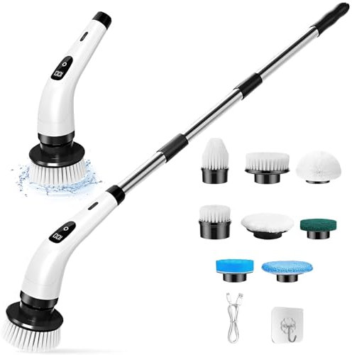 Cepillo Limpieza Eléctrico Giratorio con 8 Cabezales Reemplazables, Fregadora Giratoria Eléctrica Hogar, Limpiador Velocidades Ajustables 2, Cepillos Mango Ajustable para Baño,Cocina, Azulejos, Piso