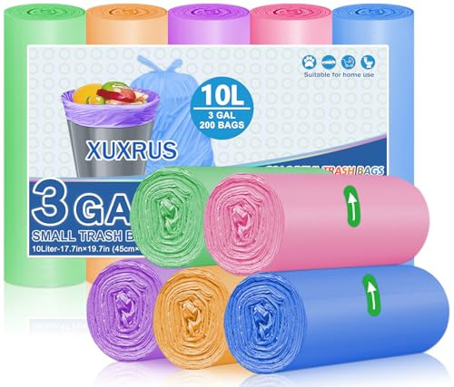XUXRUS Bolsas Basura 10L Coloridas, Bolsas Pequeñas, 200 Uds | Material Antifugas Y Resistente, Sin Olor Para Uso Diario