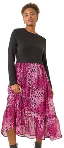 Roman Originals 2 in 1 Animal Print Stretch Midi Dress for Women UK - Ladies Everyday Autumn Winter Round Neckline Comfy Soft Evening Vacation Work Party Night Out - Magenta - Size 20
