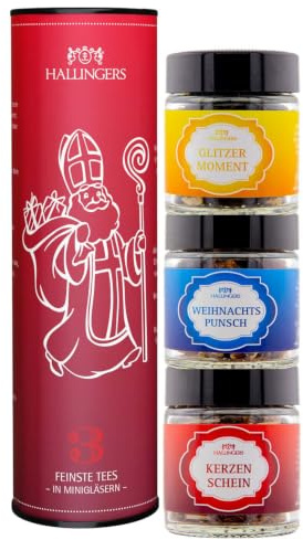 Hallingers Genuss Manufaktur Tee Weihnachts-Geschenk-Set - 3 Sorten premium loser Tee in Gläsern, Probierset in edler Geschenk-Dose Vom Nikolaus vegane XMS-Tees, Weihnachten für Frauen Männer