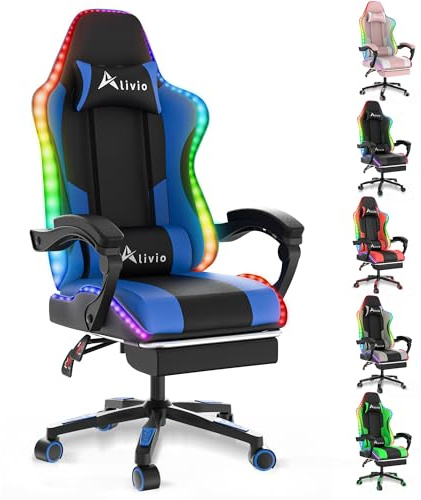 Alivio Wireless App Control LED Gaming Chair with Massage Lumbar Cushion & Retractable Footrest, 360° Recline & Swivel Breathable Leather Office Massage Chair, PU Leather Video Game Chair (Blue)