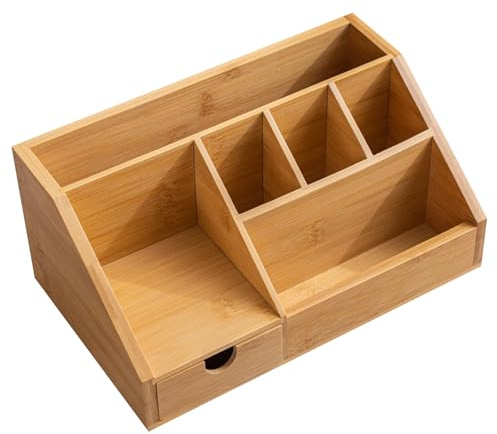Syglawnd Organiseur de bureau en bambou, organiseur de bureau en bois peu encombrant avec tiroir, boîte rangement, boîte à crayons, plateau pour, à domicile, 9, 6 x 5, 9 x 4, 3 pouces, bois