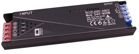Alimentatore Trasformatore 24V 400W, Dimmerabile con Pulsante NO (10-100%), Memoria e Spegnimento Soft, 2 Uscita Per Striscia Led, Push Dimmer Integrato, Funzione Deviatore e Invertitore, 212×56×27mm