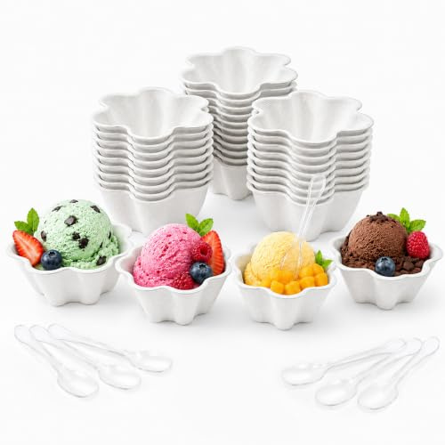 HYZYWON Eisbecher Pappe, 25/50 Stück Einwegschalen, Ice Cream Becher, Eisbecher mit Löffel für Eiscreme, Desserts, Joghurt, Suppe, Salat, Currywurst, Ramen Dessert (50, I)