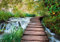 wandmotiv24 Fototapete Wald, Weg am Wasserfall, XS 150 x 105cm - 3 Teile, Wanddeko, Wandbild, Wandtapete, Natur, Bäume, Wasser M0021