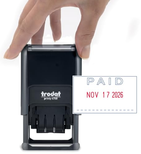 Trodat Printy 4750 Date Stamp with English Message Paid – Self Inking, Red Ink Date and Blue Ink Text