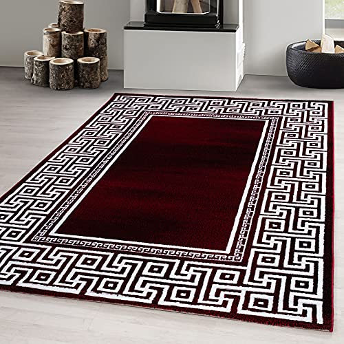 Carpetsale24 Teppich Wohnzimmer Moderne Mäander-Design Rot - Weiß 80 x 150 cm - Kurzflor Teppich Schlafzimmer Pflegeleicht und Extra Weich - Flauschiger Teppich Waschbar Esszimmer Küche Läufer Flur