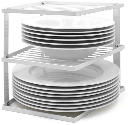 joeji's Kitchen 3 Tier No-Wobble Plate Rack for Kitchen Cupboard Storage - Corner Plate Rack Cupboard Shelf Organiser 25x25x19cm - White