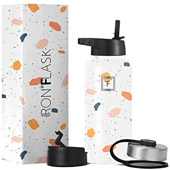 IRON °FLASK Bouteille d'eau en métal avec couvercle à paille – 950 ml – 3 couvercles – Acier inoxydable à double paroi isolée sous vide étanche – Pour sport, gym, camping, randonnée, hydratation