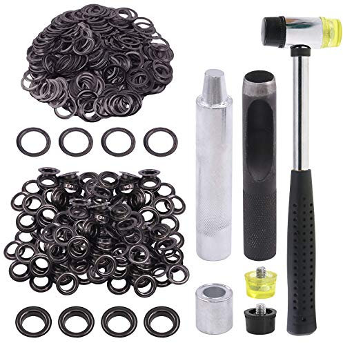 Glarks Lot de 124 œillets noirs de 1,27 cm avec ensembles d'outils, 120 œillets avec 4 outils d'installation pour tissu, toile, rideau, vêtements, réparation et décoration du cuir