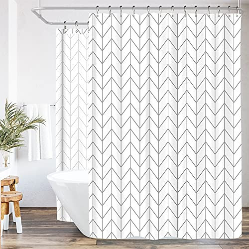 Riyidecor Clawfoot Tub Chevron-Duschvorhang, 457 x 178 cm, Badewanne, rundum umwickelt, weiß, grau, grau, Fischgrätenmuster, rund, freistehend, oval, Polyestergewebe, extra breit, mit 32 Metallhaken