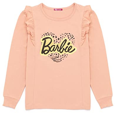 Barbie T-Shirt Girls Bambini Doll Leopard Stampa Cuore Rosa Frilled Top 3-4 Anni