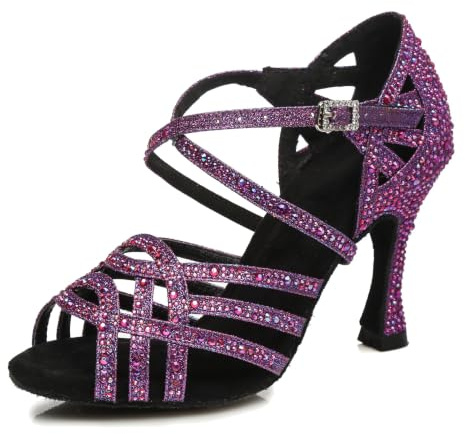 MINITOO Women's Ballroom Dance Shoes Glitter Rhinestones Salsa Latin Dancing Heels L357 Purple UK 6.5