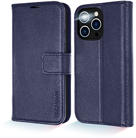 TECHGEAR Wallet Case for iPhone 14 Pro, Genuine Leather Magnetic Flip [RFID Blocking] Case with Shockproof TPU Holder, Card Slots, Stand Folio Cover Compatible with iPhone 14 Pro 6.1 2022, Blue