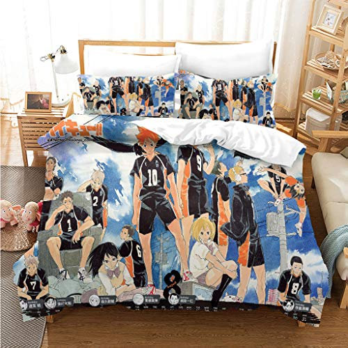 Jiumaocleu Haikyuu Bettwäsche 3-teiliges Set, Anime 3D Gedruckte Decke Einzel/Doppel/King Steppdecke Set mit 1 Bettbezug & 2 Kissenbezügen, Heimtextilien Dekor Bettwäsche-Set