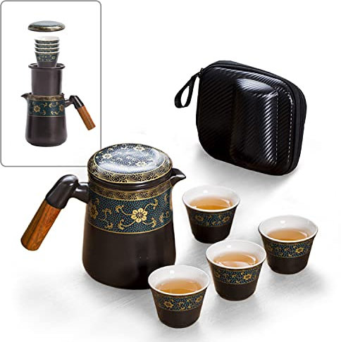 fanquare Japanisches Reise Porzellan Teeservice, Handgemachtes Kung Fu Tee Set für Erwachsene, Schwarze Teekanne und 4 Tassen mit Gold Blumen Muster