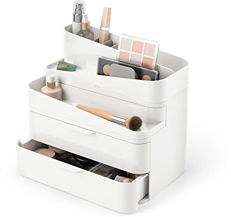 Umbra Glam Kosmetik Organizer, Modulare Aufbewahrungsbox mit 3 Schubladen und entnehmbaren Trennwänden, Weiss