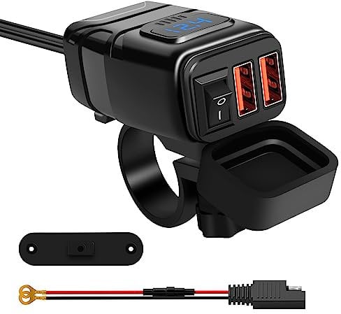 SYCEES USB Ladegerät Motorrad, QC 3.0 Dual USB Adapter Steckdose mit Schalter, LED Digital Voltmeter, Doppelstecker Buchse DC 12V für GPS, Sat NAV und Smartphone etc ...