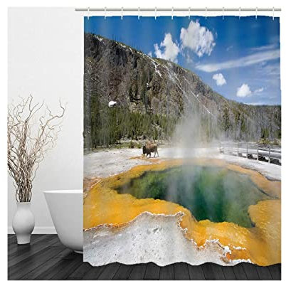 Duschvorhang 120X180, Duschrollo Um Die Ecke Polyester Shower Curtains Landschaft des Huangshi Parks Gelbgrün für Outdoor Hotel