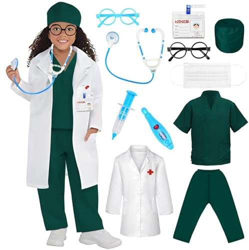 CHMMY Doktor Kostüm für Kinder, Arzt Kostüm Kinder, 12pcs Doktorspiele Zubehör, Arztkittel Kinder Arztkoffer Kinder ab 3 jahre mit Stethoskop, Thermometer, Spritze und Hut, OP Oberteile und Hosen