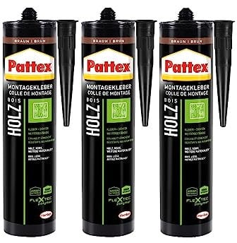 Pattex Montage Holz, starker Montagekleber für Holz und Holzwerkstoffe, wetterbeständiger Baukleber für alle Materialien*, elastischer Holzkleber für innen und außen**, 3x420g Kartusche