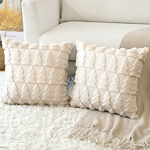 Artscope 2er Set Wolle Kissenbezüge Weicher Plüsch Kurzer Wollsamt Dekokissenbezuge Luxuriöses Sofakissen Europäische Kissenhülle für Sofa Schlafzimmer Weihnachtsbaum Creme Beige, 70x70cm