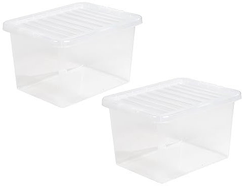 CHPL 2x 24 Litre Large Crystal Clear Plastic Storage Box With Secure Clip on Lid Stackable Organizing Box Transparent Container For Bedroom, Garage, Office (24 Litre)