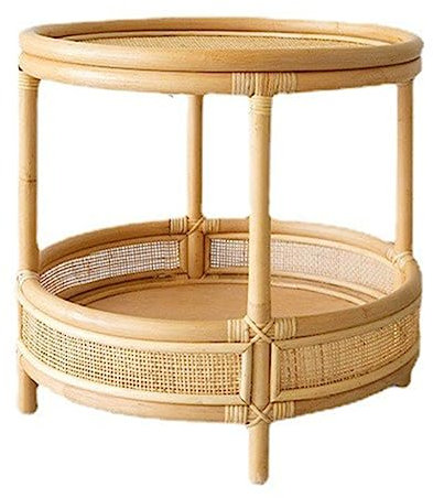 ORBIBA Runder Beistelltisch Aus Rattan Im Japanischen Stil, 2-stufiger Aufbewahrungs-Beistelltisch, Nachttisch, Couchtisch Im Bauernstil, Sofa-Beistelltisch for Zuhause, Büro, Wohnzimmer