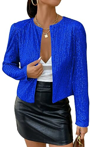 shownicer Damen Glänzend Pailletten Blazer Jacke Langarm Cardigan Tops Kurz Oberteile Eleganter Blazer Glitzer Clubwear Outfits Party Tops A Blau L