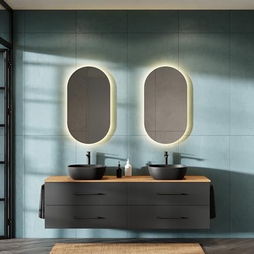 Planetmöbel LUX Badmöbel Set Waschbecken mit Unterschrank 180 cm, 2 Aufsatz-Waschbecken 42 cm schwarz, 2 Spiegel 50 cm (ohne LED) Waschbeckenunterschrank Gold Eiche/Anthrazit