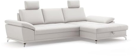 Cavadore Ecksofa Castiel mit Federkern / Eckcouch mit XL-Longchair, Bett, Bettkasten, Sitztiefenverstellung, Kopfstützen und mattschwarzen Metallfüßen / 301 x 89-114 x 176 / / Echtleder, Weiß