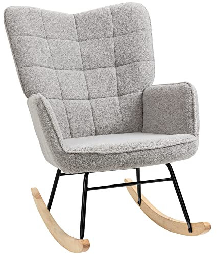 HOMCOM Mecedora de Borreguito Silla Mecedora con Patas de Madera de Haya y Marco de Acero Silla para Lactancia Carga 120 kg para Dormitorio Salón Gris