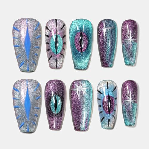 Sun&Beam Nails Handmade Press-on Medium Long Coffin Ballerina Purple Silver Blue Hand-painted Magnet Cool Design Fashionable False Nail Tips 10 Pcs Set (#144 L?