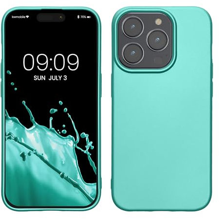 kwmobile Custodia Compatibile con Apple iPhone 15 Pro Cover - Back Case Morbida - Protezione in Silicone TPU Effetto Metallizzato turchese metallico