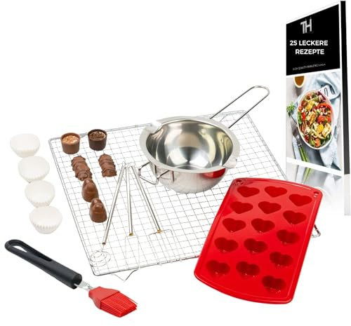 Thiru Premium Pralinen Set 8 Teilig - Abtropfgitter, 3 Tauchgabeln, 100x Pralinenförmchen, Silikonpinsel, Pralinenformen & Schmelzschale - DIY zum selber Machen