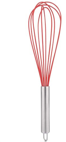 CHEFZOCO Batidor manual, Varillas de batir, Mezclador manual, Batidor de cocina, Batidor de huevos, Apto para Mezclar, Revolver la Masa, Huevos, Longitud 30 cm, Silicona y Acero inoxidable, Rojo