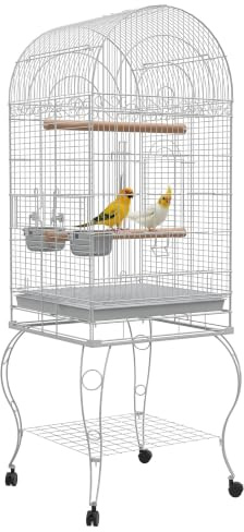 PawHut Großer Vogelkäfig für Sittiche 51x51x153 cm Weiß | Auf Rädern, Ablage, Gitter, Herausnehmbare Schale, 2 Edelstahlschalen, Sitzstange