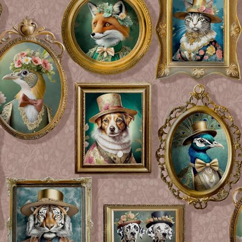 Regal Beasts Pink Wallpaper - Animal Print Dog Cat Fox Peacock Artistic - Trendy Stylish Feature Wall