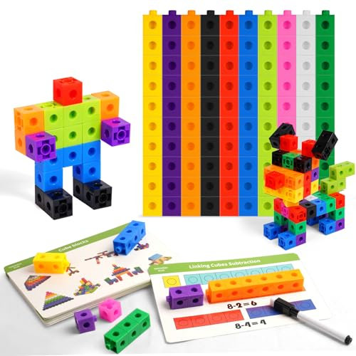 HOTUT Steckwürfel, 100 Stück Math Cubes, rechenwürfel grundschule mit 18 Lehrkarten und löschbarer Stift, Lernen Lernspiele, mathematische würfel Geschenk ab 3-8 Jahren Jungen und Mädchen