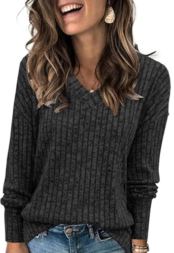 Famulily Ladies Jumpers V Neck Long Sleeve Tops Women Soft Pullover Side Splits