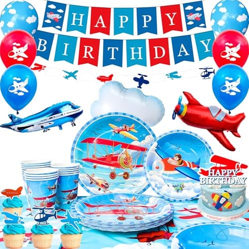 Airplane Party Supplies,Severs16 Airplane Birthday Party Decorations & Plane Party Tableware Set Dinner Plates Cups Banners etc,for Plane Theme Supplies
