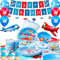 Airplane Party Supplies,Severs16 Airplane Birthday Party Decorations & Plane Party Tableware Set Dinner Plates Cups Banners etc,for Plane Theme Supplies