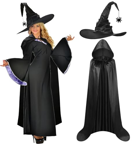 LAMEK Hexen Umhang mit Kapuze 110cm Lange Halloween Kostüm mit Hexenhüt Schwarz Hexenkostüm Mystischer Kapuzenumhang für Herren Damen Halloween Cosplay Karneval Maskerade