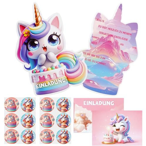 Xionghonglong 12x Einhorn Einladungskarten Kindergeburtstag, mit Umschlägen & Stickern, Einladungskarten Geburtstag Madchen, Einladungskarten einhorn, Einhorn geburtstag, für Geschenke für Mädchen