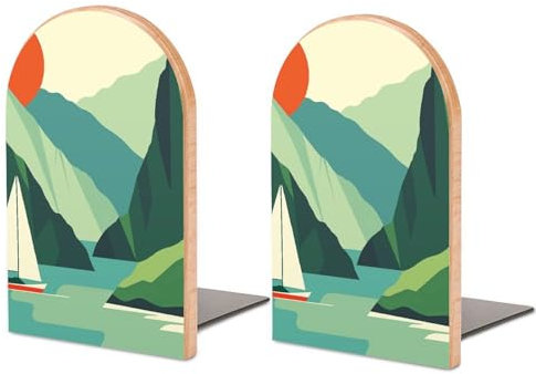 Buchstützen aus Buchenholz & Eisen, Wasser in der Nähe von Bergen Druck, verstellbare Buchstützen, platzsparender Buchhalter mit kratzfester Basis für Bücherregale